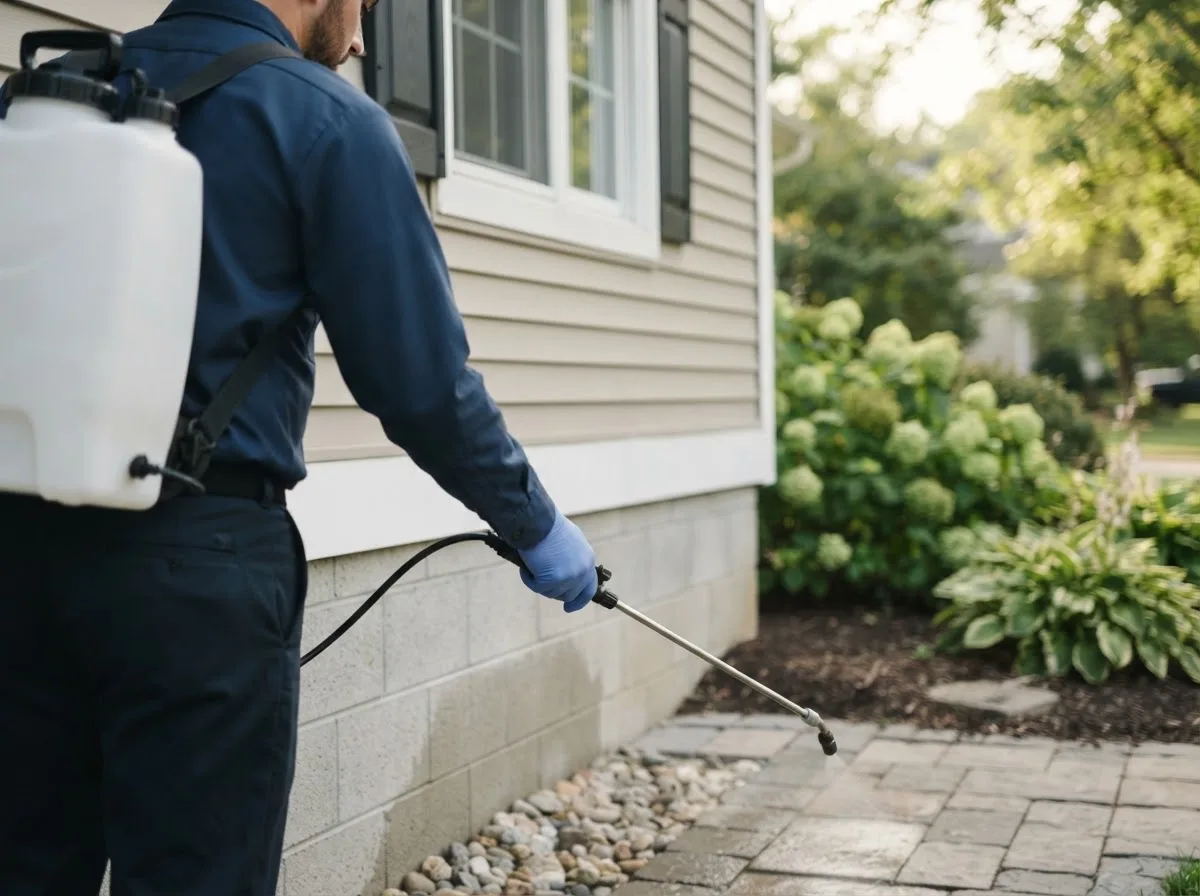 Pest control technician inspecting a home in Higgins Lake, MI